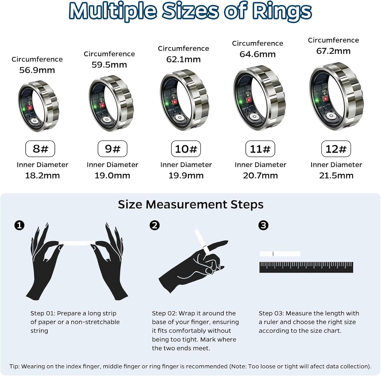 Smart Health Tracking Ring with Sleep Monitoring, Heart Rate Monitoring, Waterproof Fitness Features, Activity Tracking, Air Gestures, Up to 7-Day Battery Life, Compatible with iOS and Android (Stylish Silver #8)