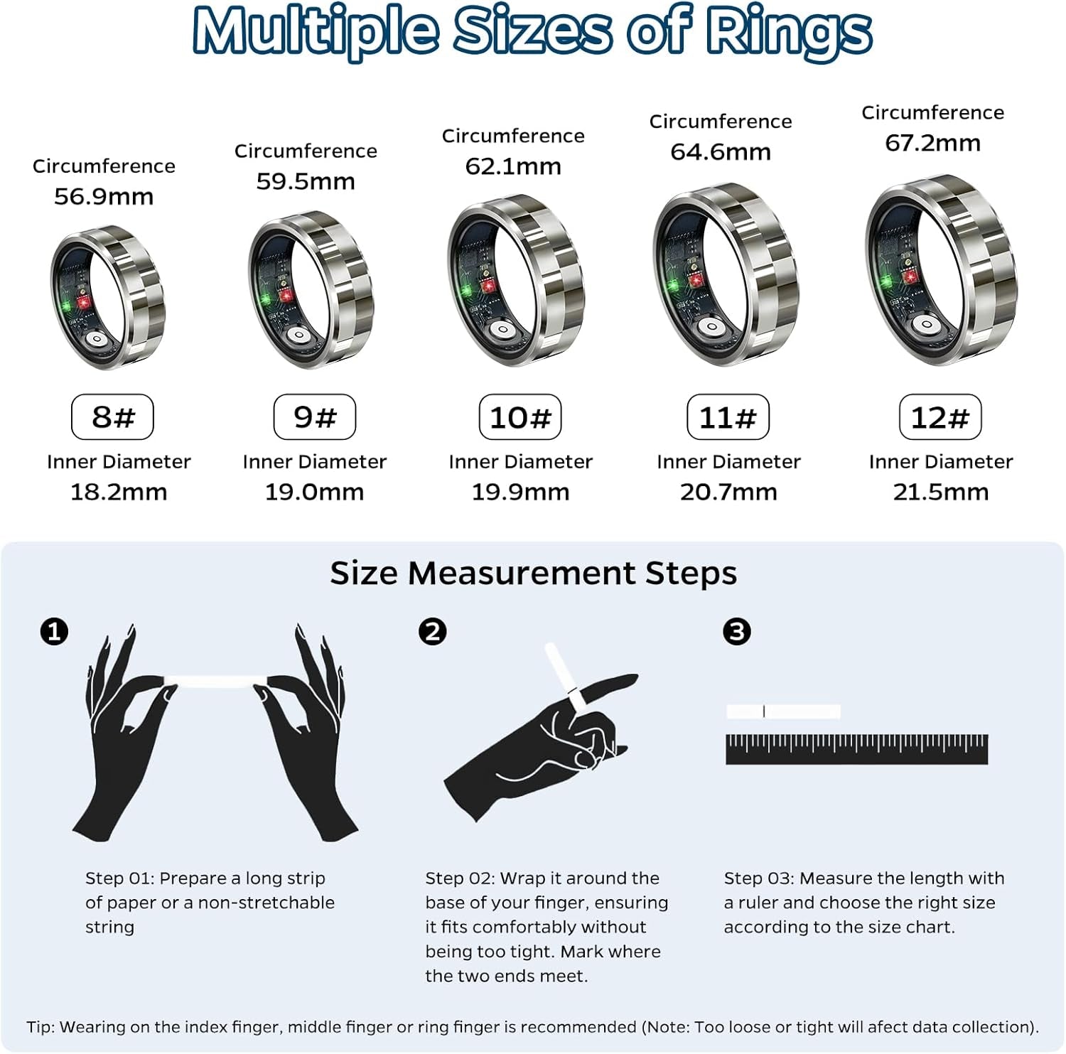 Smart Health Tracking Ring with Sleep Monitoring, Heart Rate Monitoring, Waterproof Fitness Features, Activity Tracking, Air Gestures, Up to 7-Day Battery Life, Compatible with iOS and Android (Stylish Silver #8)